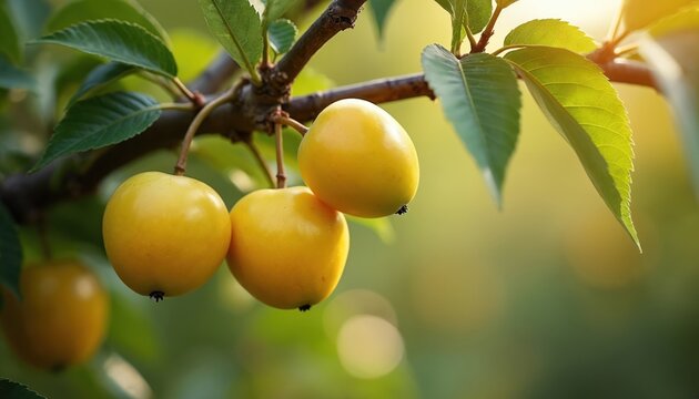 Yellow greengage plums ripen on tree branches bathed in soft sunlight. Green leaves surround ripe fruit on branch. Orchard produce ready for harvest. Summer fruit bounty.