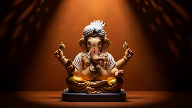 Majestic Ganesha statue with golden jewelry in serene meditative pose