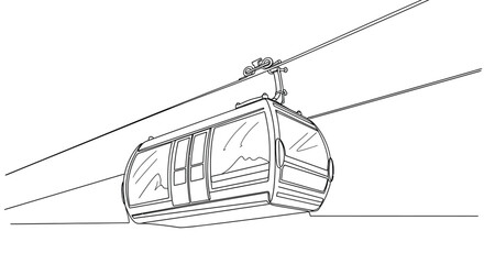 Detailed one-line drawing of a cable car with mountain reflections, travel concept. © Line Home