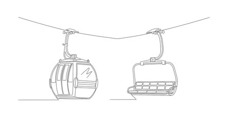 Fototapeta premium Continuous Line Drawing of a Gondola and Chairlift, Ski Resort Transportation
