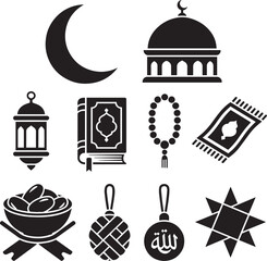 Black and white rounded monoline icon set including mosque silhouette, crescent moon, lantern, Quran, Islamic badge, sweets, and prayer elements. Clean editable stroke vector icons ideal for Ramadan