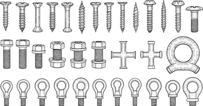Detailed screws bolts nuts and eye bolts collection, vintage engraved metal fasteners set isolated on white background vector illustration