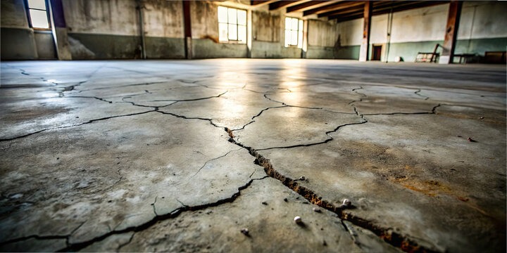 The scene shows a cracked concrete floor in a large empty warehouse. Light from windows creates patterns on the surface. The walls and ceiling are bare, showing signs of age