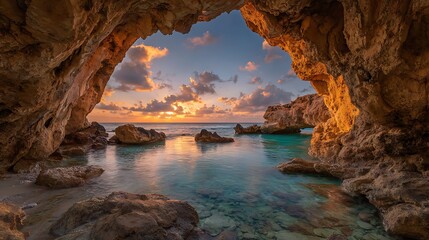 Secluded sea cave frames a stunning turquoise water cove at sunset.