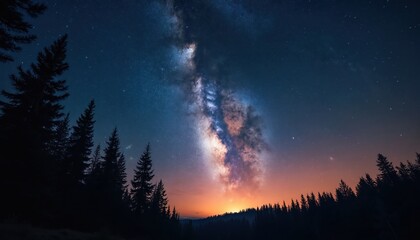 Fototapeta premium Silhouetted pine forest against vibrant sunset gradient and starry night sky. Milky Way galaxy arcs above the horizon, illuminating the deep blue expanse.