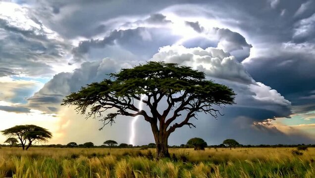 Acacia tree against stormy sky with lightning strike