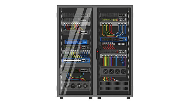 Complex network server cabinet with colorful cables and wires, viewed from the front