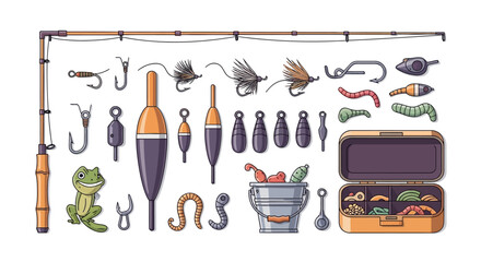 Fishing gear and accessories arranged with tackle box and lures on white background © Satya