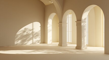 Grand interior with arched doorways and strong sunlit architectural.