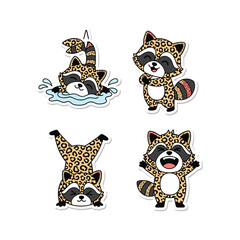 Cute cartoon raccoons doing yoga poses with leopard print fur
