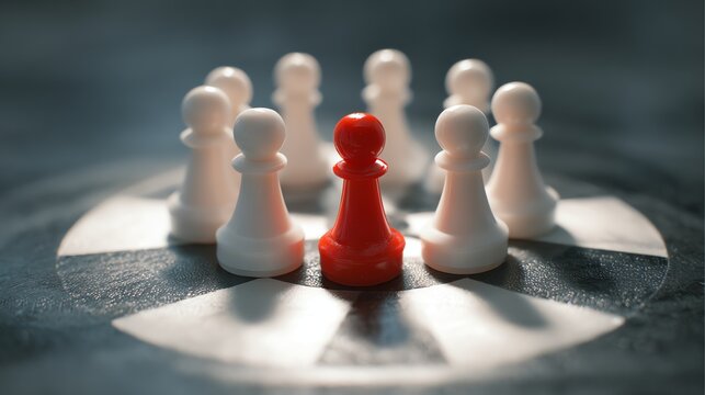 A strategic chess scene featuring a red pawn surrounded by white pawns. This image symbolizes competition, decision-making, and the essence of strategic thinking in a game.