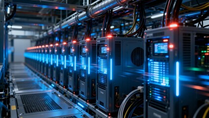 Naklejka premium Rows of server racks in a data center