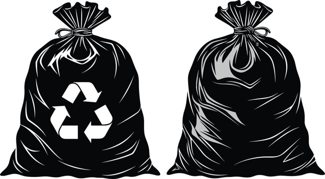 Garbage bag silhouette with recycle symbol, black trash sack icon isolated on white background environmental waste concept illustration