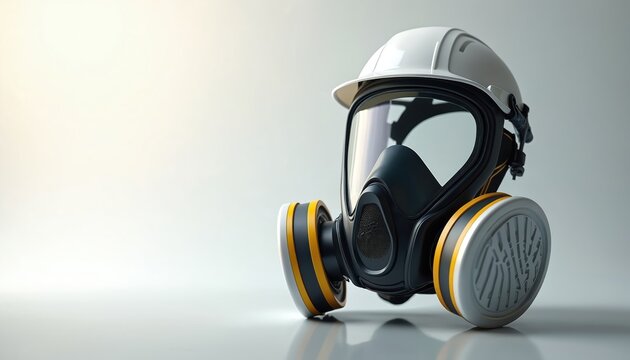 Pro respirator mask with hard hat for protection against toxic fumes and particles. Safety gear for industrial work or hazardous environments. Essential tool for breathing safety.