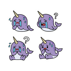 Crying cartoon narwhal with emotional expressions in different poses © VECTOR