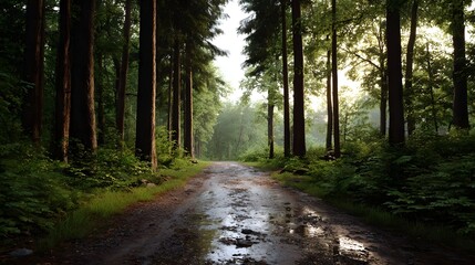 Obraz premium A wet forest path glistens under soft sunlight during golden hour leading into a serene tranquil woodland