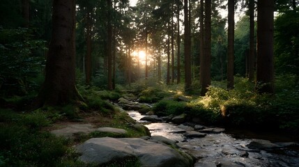 Obraz premium Golden hour sunbeams filter through a dense forest onto a clear stream flowing over mossy rocks