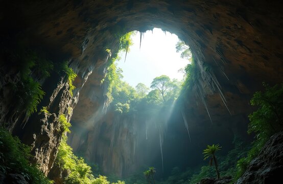 Vast cave interior opens to bright sky above rich green jungle foliage. Sunlight streams through openings onto rock formations, hanging icicle like shapes. Natural wonder offers adventurous