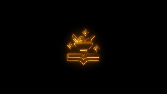 Glowing neon mortar and pestle on book with herbs and spices 4k animation video on Black Background
