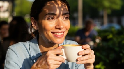 Young woman enjoying coffee with sunlight casting shadows outdoors
