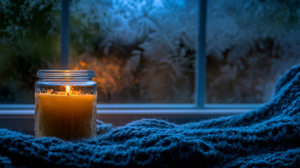 Cozy Winter Candle by Frosted Window