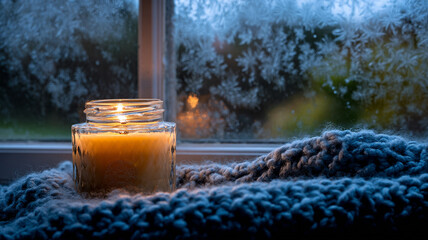 Cozy Winter Candle by Frosted Window