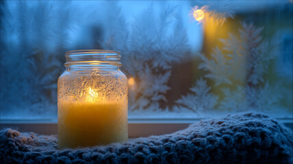 Cozy Winter Candle by Frosted Window