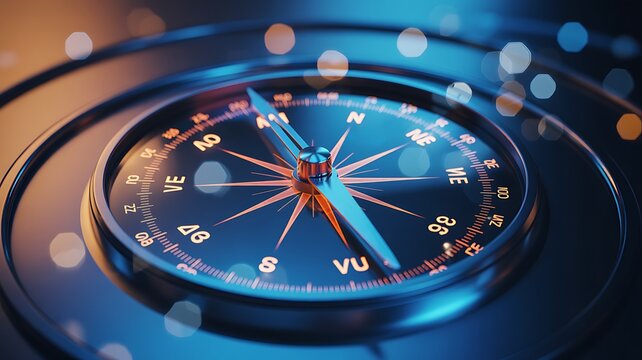A close-up macro photograph of a compass surrounded by a dark blue environment with blurred lights