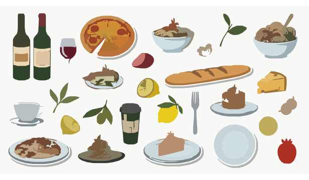 La dolce vita Italian and French food doodle cartoon vector party set