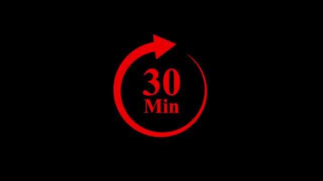 Animated red circular timer counts down from 30 minutes, with a progress arrow, on black background.timer concept  video animation with red arrow on black background. 