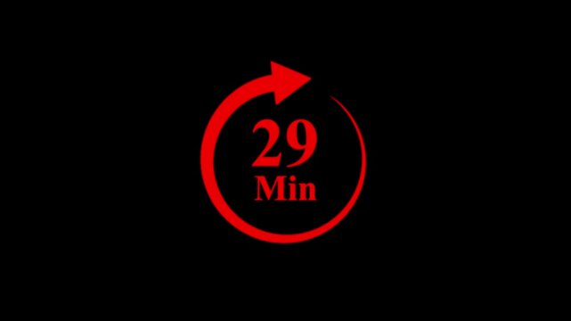 Animated red circular timer counts down from 29 minutes, with a progress arrow, on black background.timer concept  video animation with red arrow on black background. 
