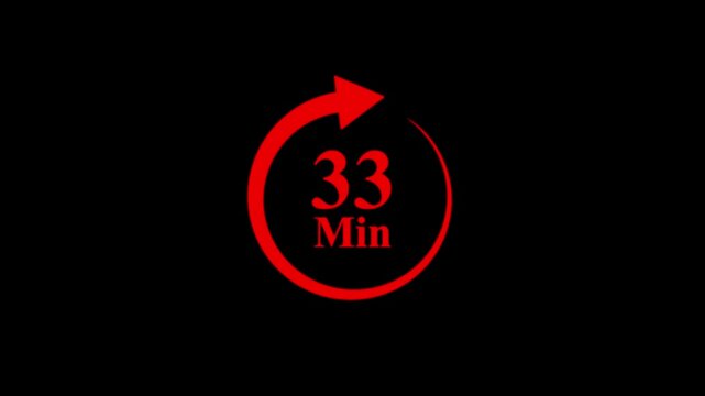 Animated red circular timer counts down from 33 minutes, with a progress arrow, on black background.timer concept  video animation with red arrow on black background. 