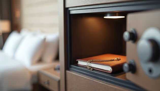 Open hotel safe with journal and gold chain inside. Bedroom with soft pillows in background. Secure storage for valuables and important items.
