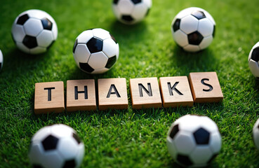 Obraz premium Soccer balls and wooden tiles spell THANKS on green grass. This image expresses gratitude for sports, teamwork, and achievement in soccer. Celebrate wins or appreciate coaches.