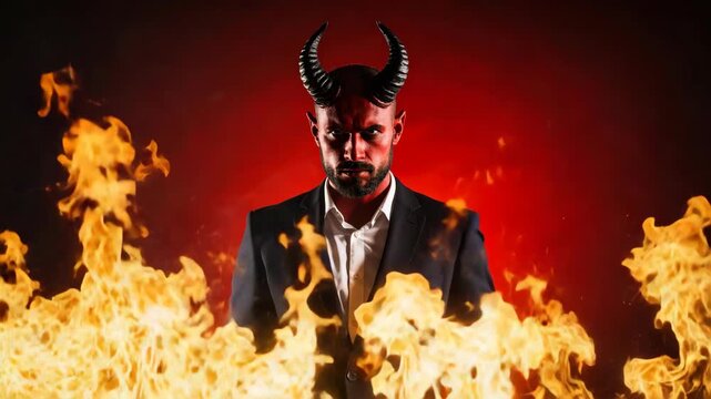 Menacing demon with horns and red skin wearing a business suit amidst roaring flames