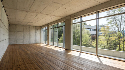 A large room features concrete walls and wooden floors. It has many windows that let in light and show trees outside in a bright setting