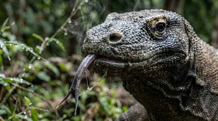 Fototapeta premium Komodo Dragon Varian Lizard with Flickering Forked Tongue and Saliva Close Up