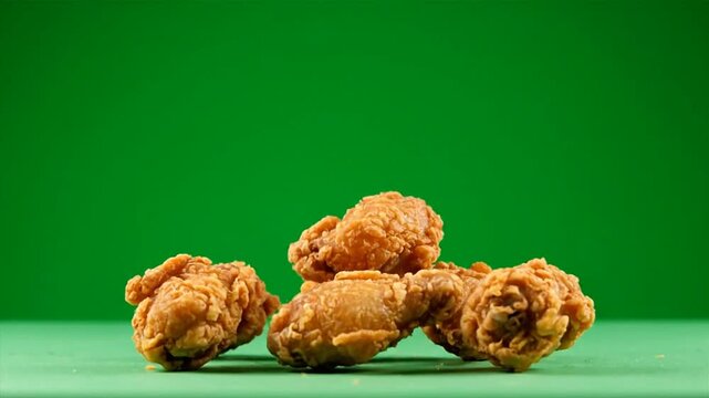Fried Chicken Pieces Falling on Green Background.