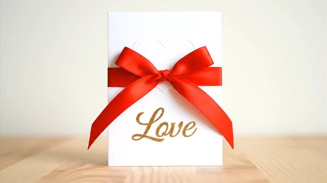 Gift card with red bow and love text on wooden surface