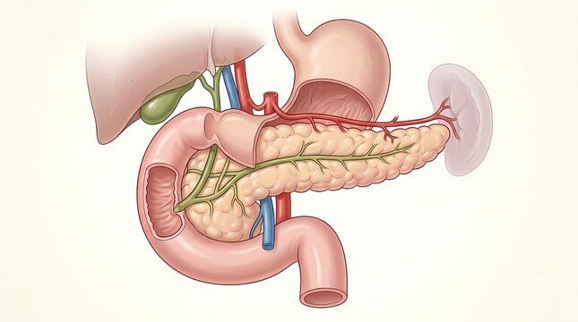 Educational medical diagram of the human pancreas, highlighting its detailed anatomy and connections to the digestive system