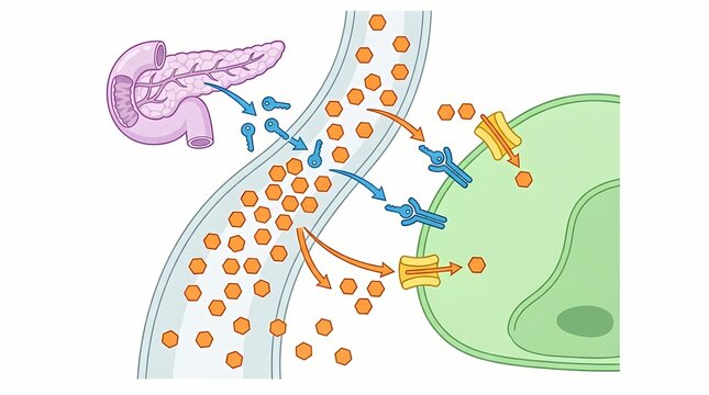 Diagram showing blood glucose regulation by the pancreas and insulin action on cells