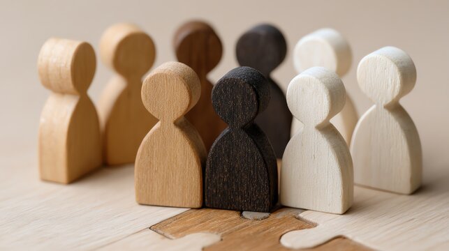 A group of wooden puzzle pieces and figures symbolize unity and diversity
