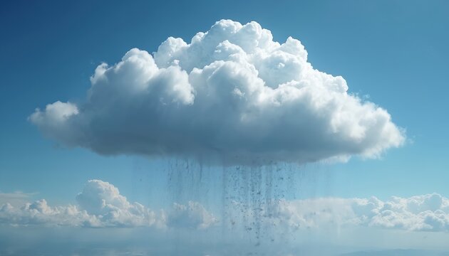 Cloud seeding process creates artificial rain from cumulus clouds. Water droplets form and fall from sky. Weather control experiment shows atmospheric modification.
