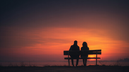 Obraz premium Ai Couple sitting on a bench during sunset by the lake watching the sky change colors