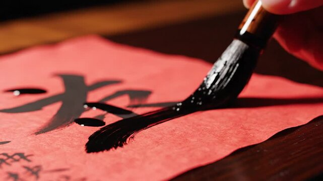 Hand Painting Chinese Characters on Red Paper