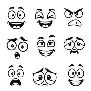 Set of funny cartoon faces with big eyes and smiles, black and white vector characters of emotions, cartoon faces, funny expressions, vector emoji, children characters