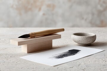 Asian calligraphy tools with brush, ink on paper, and stone bowl on textured surface. Culture Day. Culture Day
