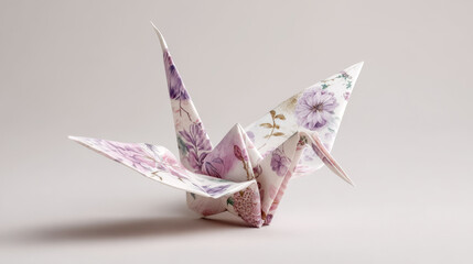 Floral origami crane with delicate pink and purple patterns on soft background. Culture Day