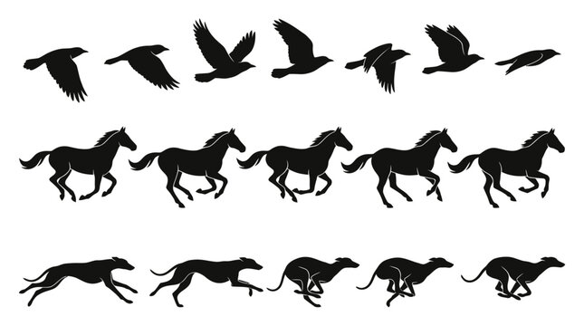 Running Animals and Flying Birds Icon Set &ndash; Dynamic Wildlife Silhouettes Featuring Horses, Greyhounds, and Crows in Motion for Nature Graphics and Educational Projects