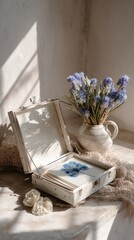 Vintage wooden box with dried blue flowers and ceramic vase on sunny windowsill